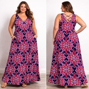 NEW Loveappella Lauryn Knit Maxi Dress Women 3X Navy Pink Medallion Strappy Back
